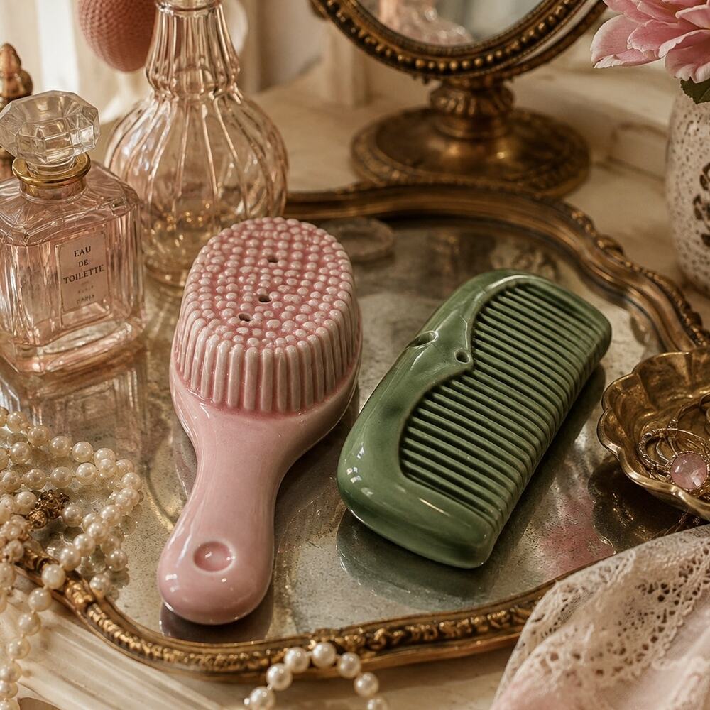 Vintage 1983 Sarsaparilla Hair Brush Comb Salt Pepper Shakers Japan Vanity Decor